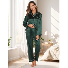 GAESHOW Pyjamas for Women Silk Pjs for Women Soft Silk Satin Long Sleeve Button Down Sleepwear and Loungewear for All Seasons S-XXL Green