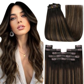 YoungSee Clip in Extensions Human Hair Dark Brown Mix Medium Brown Highlights Brown Balayage Clip on Real Human Hair Extensions Balayage Clip on Hair Extensions Real Human Hair 18Inch 120G 7Pcs