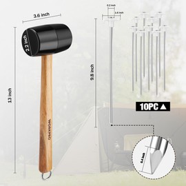 WORKPRO Tent Stakes and Hammer Set, 16oz Rubber Mallet Hammer, Wooden Handle, 10PC Heavy Duty Metal Tent Stakes and Storage Bag, DIY Woodworking, Camping Accessories for Ground, Camp and Garden