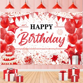 Red White Happy Birthday Banner Decorations Large Red Birthday Banner Red White Birthday Sign Backdrop Background Photography Banner for Men Women Girls Birthday Anniversary Party Supplies 71x44 Inch