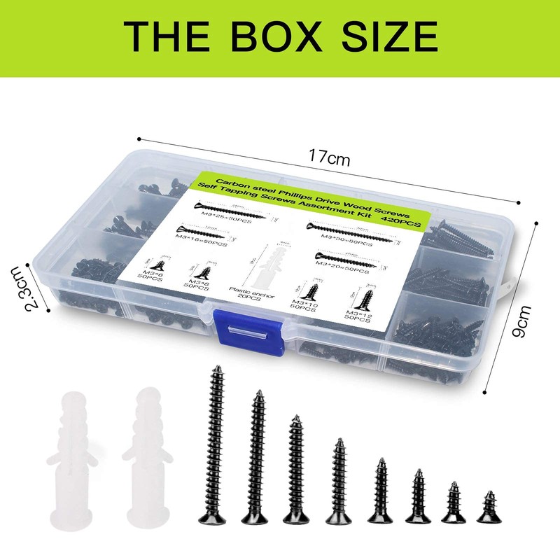 M3 Flat Head Wood Screws Assortment Fasteners Kit 420pcs,Phillips Drive