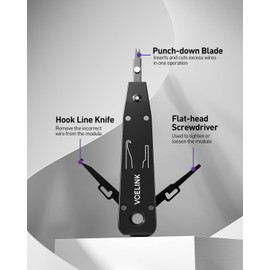 VCELINK Punch Down Tool, Black Ethernet Krone Tool, Insert & Cut Terminations in One Operation, Impact Terminal Insertion Tools for RJ45 Socket Cat5/Cat6/Cat7 & Telephone Cable with Wire Stripper