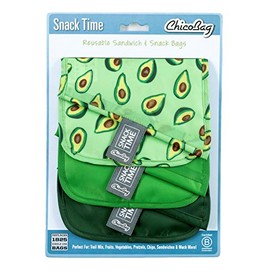 Chicobag Snack Time Reusbale Snack and Sandwhich Bags, Eco Friendly, Water and Stain Resistant Liner, Set of 3, Avocado Pattern