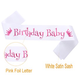 PANBINN Birthday Baby' Birthday Sash, Pink Foil White Satin Birthday Sash for Women or Girl Birthday Party Decorations Gifts Favors