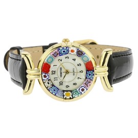 Glass Of Venice Murano Glass Millefiori Watch Round Multicolor Gold-Tone - 1" Face with Black Band for Women - Handmade in Italy