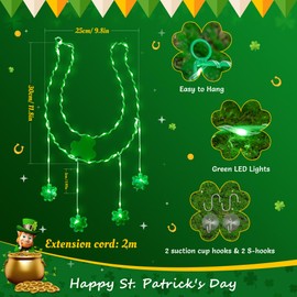 YOUNGAR St Patricks Day Solar Lights, Horseshoe Window Lights,11.6in 59LED Shamrock Green Iron Frame Silhouette Lights,Hanging 8 Modes Waterproof Memory Clover Lights,Wall Indoor Outdoor Party Favors