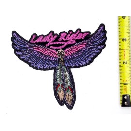 Lady Rider - Wings & Feathers Iron On Sew On Embroidered Patch 4 1/4"x 3 1/2"