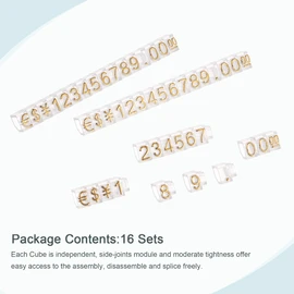 MECCANIXITY Adjustable Removable Mini Cube Price Tag Display Number Letter Price Label Stand Block Kit for Shop Counter Gold on Clear,3.3x5.6mm,16 Sets