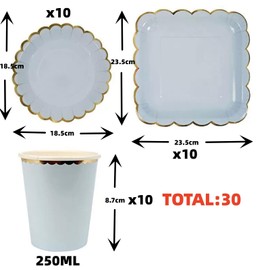 30 piezas de vajilla de papel de colores sólidos con plato redondo, plato cuadrado, tazas, adecuado para cumpleaños, fiestas temáticas, reuniones familiares, etc. (Azul)
