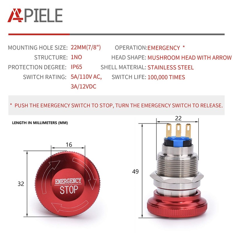APIELE 22mm Metal Emergency Stop Push Button Switch Latching 12V-250V