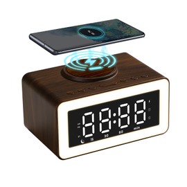 Keweiwo Wooden Bluetooth Speaker Alarm Clock with Wireless Charging, 0-100% Adjustable Brightness Dimmer, 2 Alarms, 9 Mins Snooze, 12/24h, Led Night Digital Clock for Bedrooms, Office,Travel(Black)