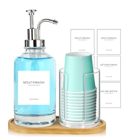 Ezebesta 17OZ Mouthwash Clear Glass Pump Dispenser with Disposable Mouthwash Cups Holder Refillable Clear Container with Bamboo Tray, Mouthwash Labels