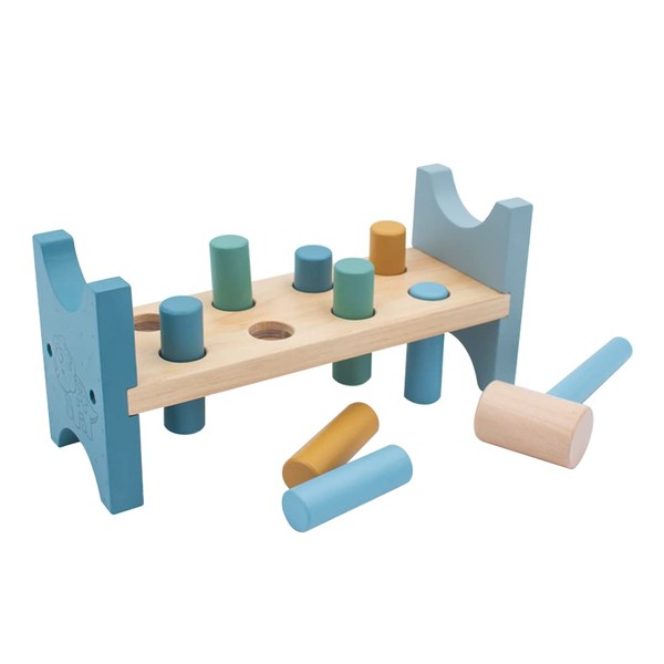 jumini Toy Wooden Hammer Bench - Pound a Peg with Wooden Hammer and 8 Wood Pegs - great Hammering Baby Toy Gift for Babies, 12months, 1, 2,3 and 4 Year Olds - Retro Pastel Colours (Blue Dinosaur)