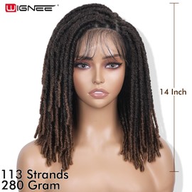 WIGNEE Full Lace Faux Locs Wig Short Braided Wigs For Black Women 14 Inch Dreadlock Wig with Baby Hair Knotless Braided Lace Front Wigs(Ombre Brown)