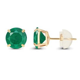 Genuine 10K Solid Yellow Gold 4mm Round Natural Green Emerald May Birthstone Stud Earrings