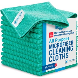 MW PRO Microfiber Cleaning Cloths (12 Pack, 12"x12", Green) - Commercial Grade Housekeeping Towels & Janitorial Rags - Lint Free & Streak Free for Windows, Glass & Auto Detailing - Washable 300+ Times