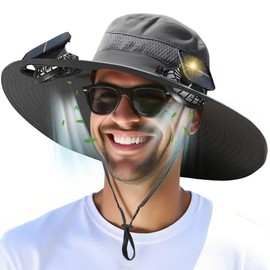 Solar Powered Fan Hat-2 Solar & USB Fans Fishing Hat-3-Speed Adjustable,UPF 50+Sun Protection Men Outdoor Wide Brim Sun Hat with Built-in Solar Fans for Fishing Summer Camping Hiking -Dark Gray