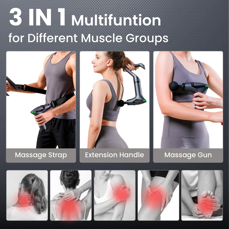 3-in-1 Percussion Massage Gun with Extension Handle, Detachable Muscle Massage