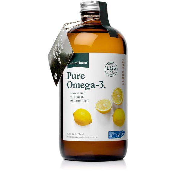 Natural Force Pure Omega 3 - Liquid Fish Oil - Delicious Lemon Cake Flavor - Mercury Free, Wild Caught, Lab Tested - 1,326 mg Triglyceride EPA, DHA, & DPA - 16 Oz Glass Bottle