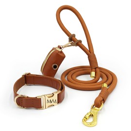 MVM Dog Lead with Collar & Waste Bag Dispenser Set - Waterproof & Easy Care - PU Leather & Braided Nylon - Golden Clasps - Adjustable Small, Medium & Large Dogs - [Brown