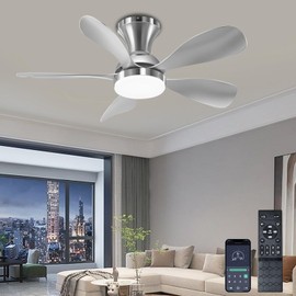 Ceiling Fans with Lights, 33 Inch Low Profile Ceiling Fan with Light and Remote Control, Flush Mount, 3CCT, Dimmable, Noiseless, Reversible, Silver Small Ceiling Fan for Bedroom Indoor/Outdoor Use