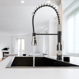 Pacific Bay Rainier Coil Pull-Down Kitchen Faucet – Commercial-Style Spring Design, Single-Handle with Dual-Function Sprayer, Matte Black/Brushed Satin Nickel Finish, 22" Height, Easy Installation