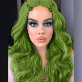 AFBeauty Highlight Green Lace Front Wig Body Wave Glueless Lace Wigs Olive Green Long Curly Wavy Pre Plucked Wig with Baby Hair Synthetic Heat Resistant Fiber Hair Colorful Wigs for Women Daily 24 Inch
