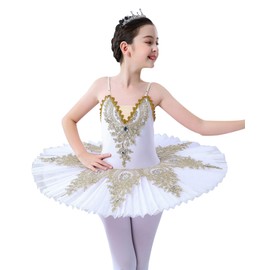 ORIDOOR Girls' Camisole Skirted Leotards Swan Dance Performance Costumes Sequin Lace Ballet Dress Tutu Skirt Tag-150,011 White,12-13 Years