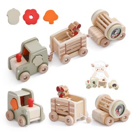 let's make Toddlers Train Set Wooden Animal Train Toys with Shape Matching ＆ Wooden Rattles Baby Vehicle Toys Hand Push Car Toys for Toddler Boys Girls Birthday