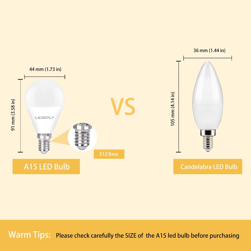 LEDEPLY A15 Ceiling Fan Light Bulbs, Dimmable, E12 Base LED