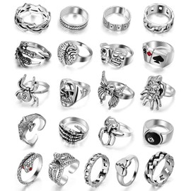 Silver Goth Punk Vintage Rings Set For Men Women, Stackable Joint Finger Statement Rings Bohemian Retro Hollow Carved Midi Rings, Cool Snake Spider Joker Skull Y2k Gothic Bulk Ring Pack