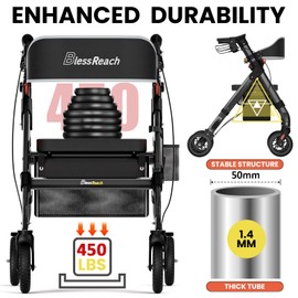 BlessReach Foldable Rollator Walkers with Seat for Seniors, 450 lb Capacity, 8'' Wheels, 18" Big Seat, 6-Position Height, Heavy-Duty Aluminum Rolling Walker (Black)