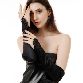 MASIKA women's long gloves, satin black fingerless gloves, party, opera, evening dress, gothic, role-playing accessories.