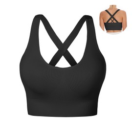 Nabawa Sports Bra for Women Unpadded Medium Support Criss Cross Back Strappy Sports Bras Seamless High Impact Yoga Workout Bra Gym Activewear Top,Black M