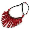 Avalaya Statement Red Wooden Bead Fringe Black Cotton Cord Necklace