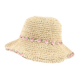 Womens Straw Bucket Hat for Women Handmade Floral Foldable Floppy Beach Hat Travel Straw Hat (Beige1)
