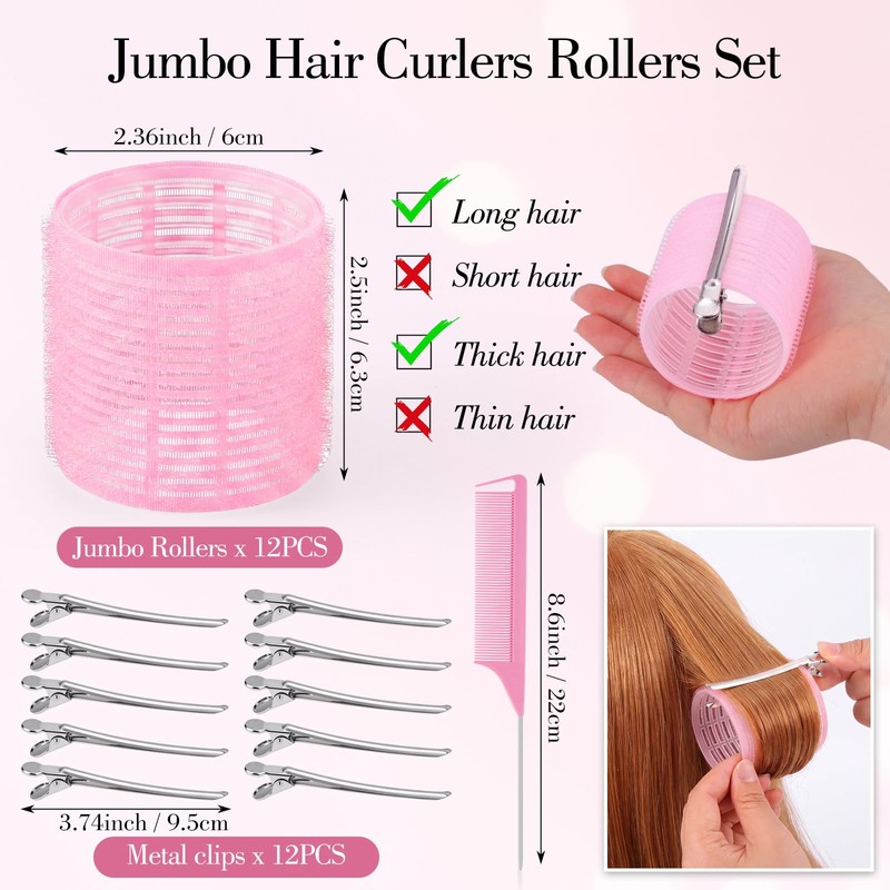 Large Hair Rollers Set, 12 Pieces 60mm Heat Free Jumbo
