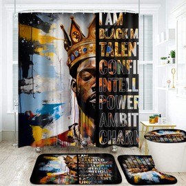 Omebero Black King Bathroom Shower Curtain Sets, Colorful Inspirational Quote Shower Curtains with Rugs Toilet Lid Cover Bath Mat, Cool Unique Black Man Bathroom Decor Accessories Set