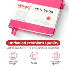 Promot Ruled Journal Notebook - A5 Pink 192 Lined Pages 8.2 x 5.5 Inch - Hardcover Leather Notebook for Writing - 100 GSM Thick Paper, PU Leather, Pen Loop, Inner Pocket, Elastic Band