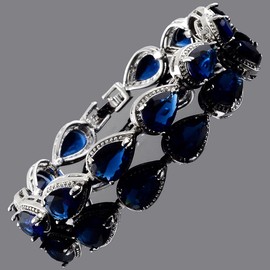 RIZILIA Tennis Bracelet & Pear Cut CZ [Simulated Blue Sapphire] in White Gold Plated, 7"