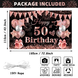 50th Birthday Decoration Banner, 50th Black Rosegold Birthday Backdrop Banner Photo Booth Sign Decorations, Extra Large Fifty Birthday Banner Background for Women 50th Birthday Party Supplies