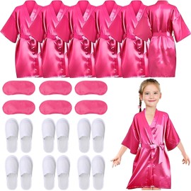18 Pcs Spa Party Supplies for Girls 6 Satin Kimono Robe 6 Sleeping Eye Mask 6 Disposable Slippers for Flower Girl Kid Salon Pedicure Wedding Birthday Favors Washing Shower (Size 8, Rose Red)