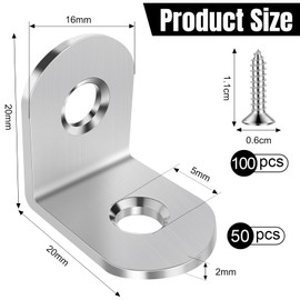 YFLeomry Pack of 50 Angle Connectors Stainless Steel 20 x 20 mm, Metal Angle 90 Degrees, Rustproof Stainless Steel Angle for Furniture Construction and Shelf Construction, Wnkel Connector with Bore