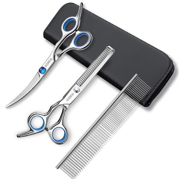 SCEDREAM 3 in 1 Dog Grooming Scissors Kit with Safety Round Tips Dog Scissors for Grooming 4CR Stainless Steel Grooming Scissors for Dogs and Cats, Professional Pet Grooming Shears