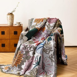 VANJOROY Boho Throw Blanket for Couch Cover, 100% Handwoven Cotton Southwestern Farmhouse Floral Decor Reversible Blanket, All Season Throw for Sofa Bed Tapestry Outdoor Camping Picnic. 71″×91″