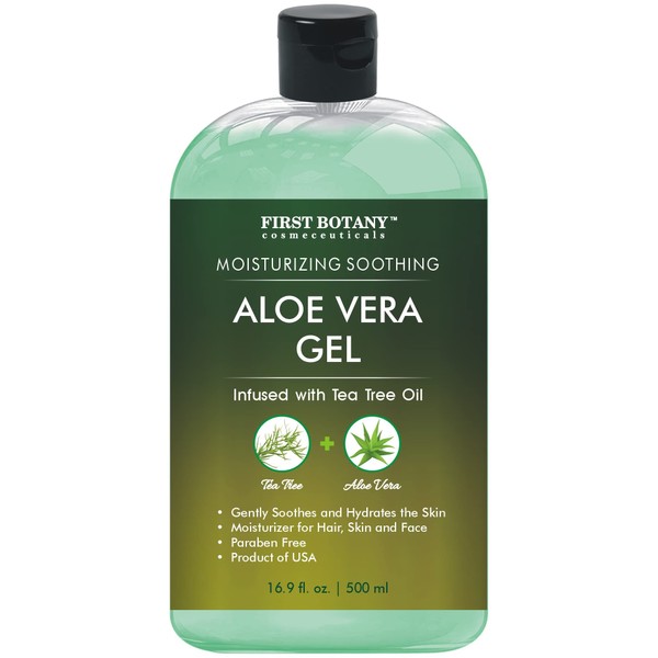 First Botany, Aloe Vera Gel from 100 Percent Pure Aloe Infused with Tea Tree Oil - Natural Raw Moisturizer for Hand Sanitizing Gel, Skin Care, Hair Care, Sunburn, Acne & Eczema -16.9 fl oz | 500 ml