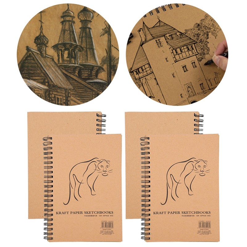 4Pcs Kraft Paper Sketchbook Retro Sketch Pad HandPainted Thick Art
