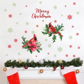 Christmas Cardinal Wall Stickers Decals,2023 New Year Red Birds Pine Branch Poinsettia Home Decor Art Gift, Birds Snowflakes Decals for Bedroom Showcase Office Winter Holiday Christmas Decoration