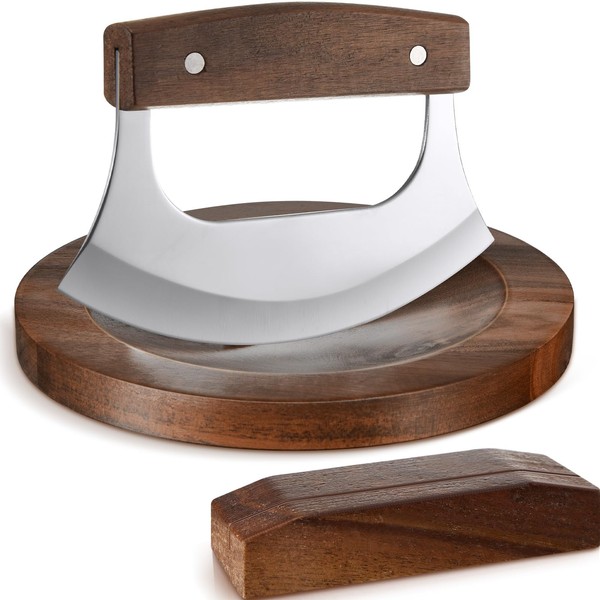 Sunnychicc 2 Pcs Mezzaluna Ulu Knife and Cutting Board Set