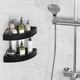 Wisfame Black Corner Shower Caddy - Rustproof Aluminium Triangle Shower Shelf - No Drill & Drill Installation - 2 Bathroom Shelves Wall Mounted (8KG Capacity/Tier)